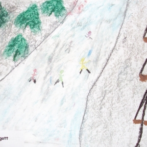 Na rysunki postacie ludzi zjeżdżających z górki na nartach.